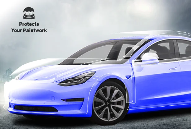 White Tesla with a digitally enhanced blue overlay, illustrating areas protected by a vinyl wrap to preserve the original paint.