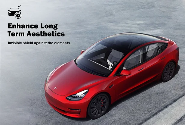Red Tesla with glossy finish under soft light, accompanied by text reading ‘Enhance Long Term Aesthetics