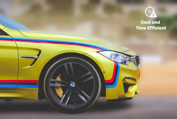 Close-up of a yellow sports car with colorful vinyl racing stripes, highlighting the custom wrap on the front side panel and wheel.