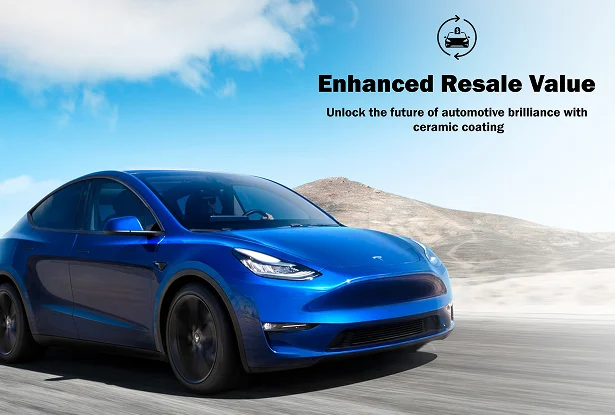 Blue Tesla Model Y driving on a desert road, representing enhanced resale value with ceramic coating protection