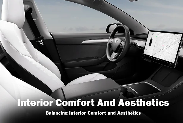 Interior of a Tesla with white leather seats and tinted windows, emphasizing comfort and upscale aesthetics