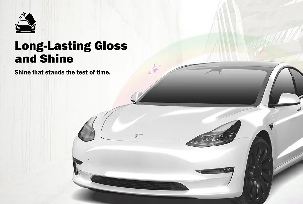 White Tesla Model 3 with a mirror-like ceramic coating finish under soft lighting, showcasing long-lasting gloss and shine