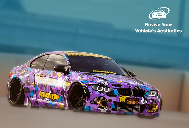 Customized car with vibrant, multicolored vinyl wrap featuring graphics and decals, parked against a blurred backdrop.