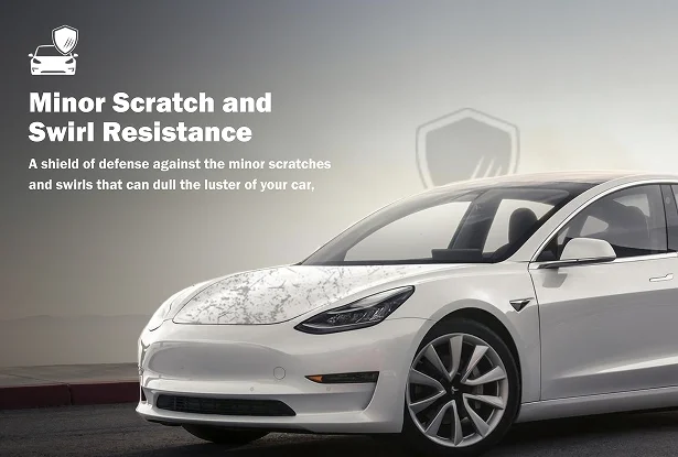 White Tesla Model 3 showcasing smooth, scratch-free paint surface under cloudy sky, symbolizing minor scratch and swirl resistance