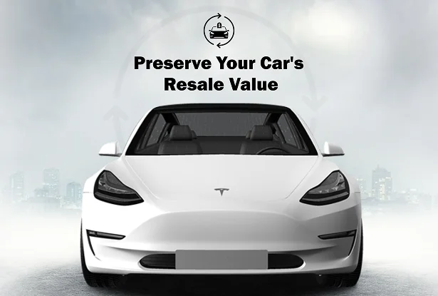White Tesla viewed from the front with text overlay reading ‘Preserve Your Car’s Resale Value