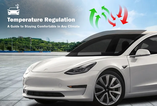 “White Tesla with red and green arrows above roof symbolizing heat rejection and airflow from tinted windows