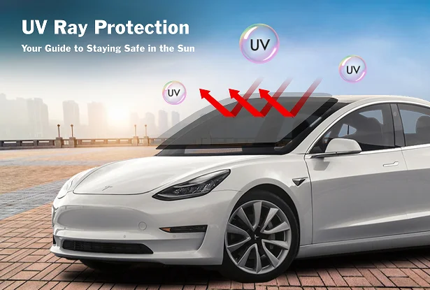 White Tesla with UV rays visually deflecting off the windshield, illustrating window tint’s UV protection benefits