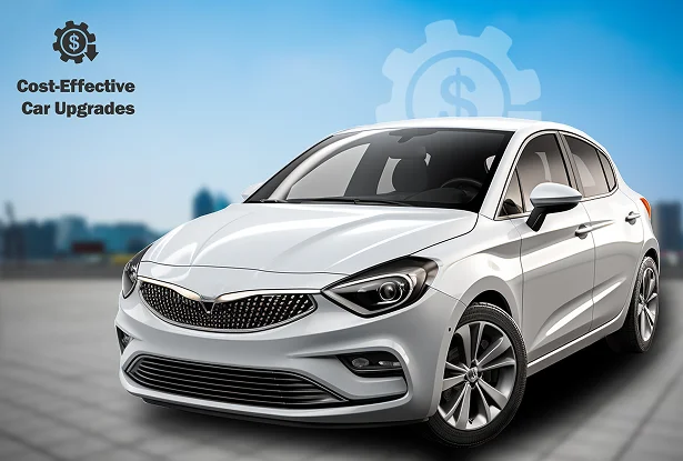 White car with sleek vinyl wrap parked on urban pavement under a bright sky.