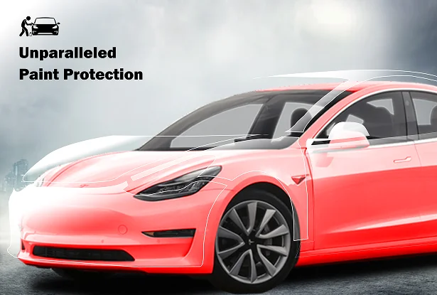 Tesla Model 3 with highlighted red paint protection layer illustrating coverage against environmental damage and contaminants