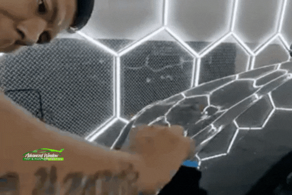 Technician smoothing clear paint protection film onto a vehicle panel at Advanced Window Tinting & PPF, highlighting expert installation services in Tacoma with the company’s logo in the corner.