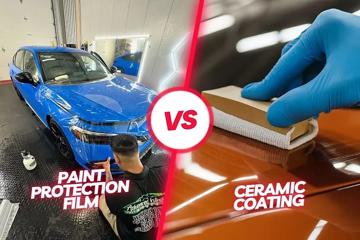 Split image comparing paint protection film and ceramic coating: on the left, a technician applies PPF to a blue SUV; on the right, a gloved hand applies ceramic coating with an applicator pad to an orange car hood. A bold “VS” graphic highlights the contrast between the two methods.