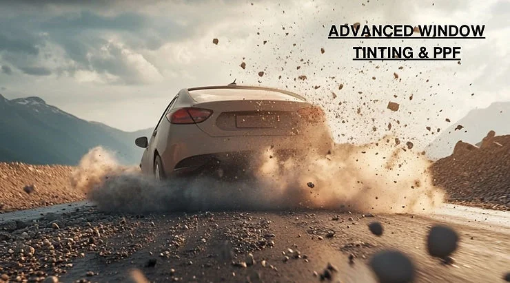 Car speeding down a gravel road with rocks flying into the air, visually representing how paint protection film (PPF) defends against rock chips and debris impact on vehicle surfaces. “Advanced Window Tinting & PPF” is overlaid on the sky.