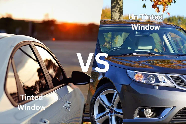 Side-by-side comparison of cars with tinted and non-tinted windows, showing visual glare difference