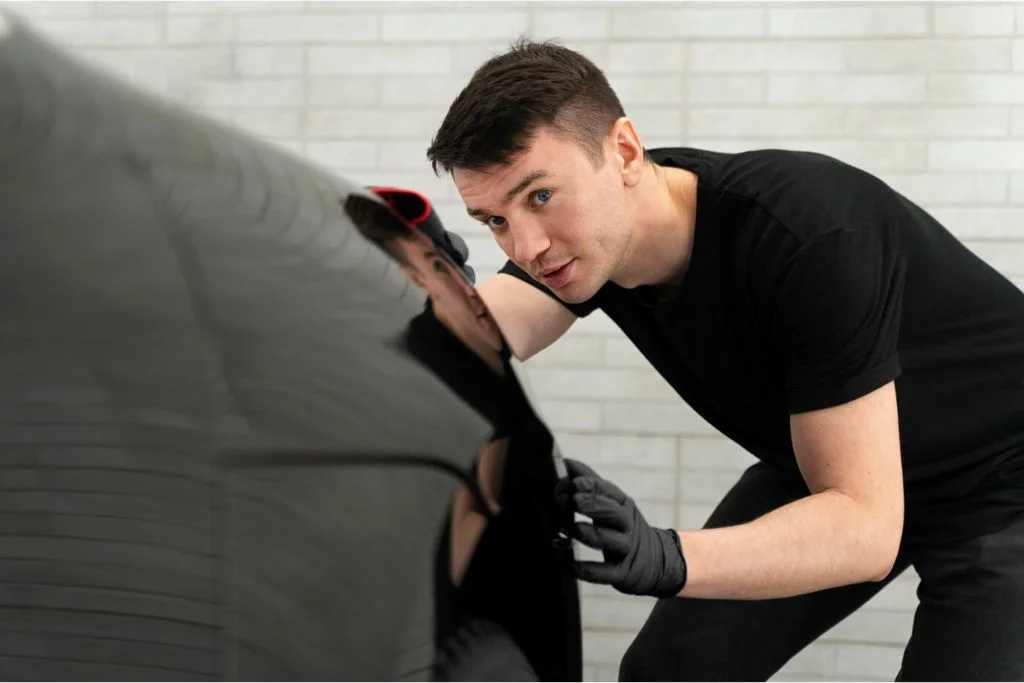 Man in black shirt and gloves closely inspecting the surface of a black car for Paint Protection Film (PPF) damage