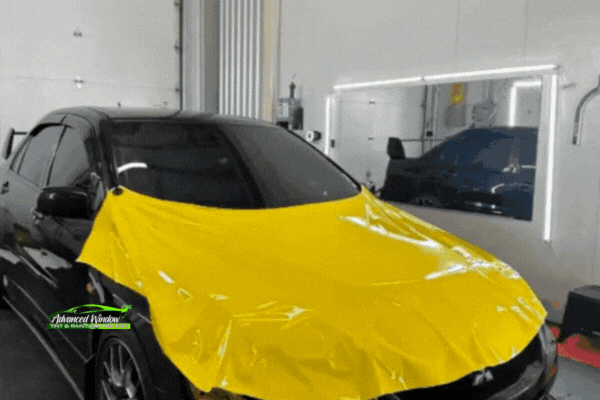 Yellow vinyl wrap being removed from a black vehicle, revealing signs of wear and discoloration beneath.
