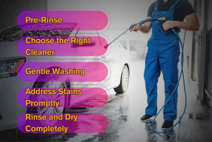 Infographic overlay showing five vinyl wrap cleaning steps—Pre-Rinse, Choose the Right Cleaner, Gentle Washing, Address Stains Promptly, Rinse and Dry Completely—beside a person using a hose to wash a white