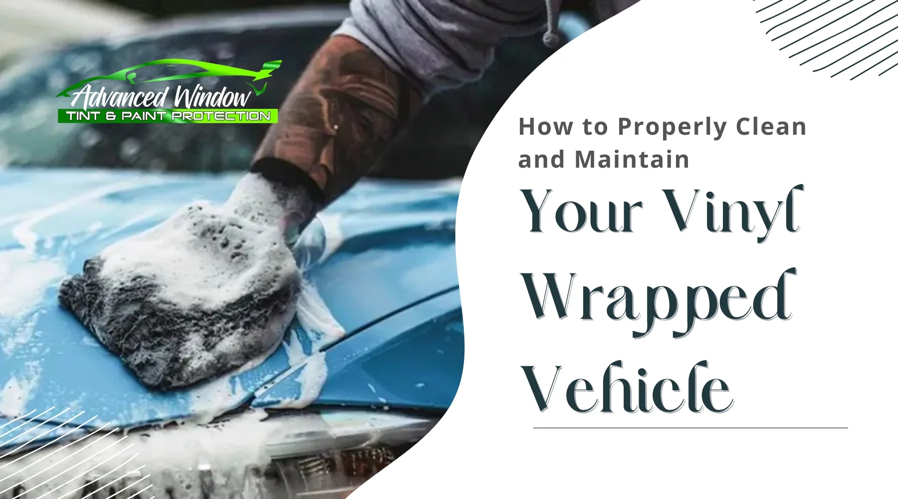 Close‑up of a soapy wash mitt cleaning the hood of a blue vinyl‑wrapped vehicle with the Advanced Window Tint & Paint Protection logo overlaid, showing proper hand washing to protect a vinyl wrap.