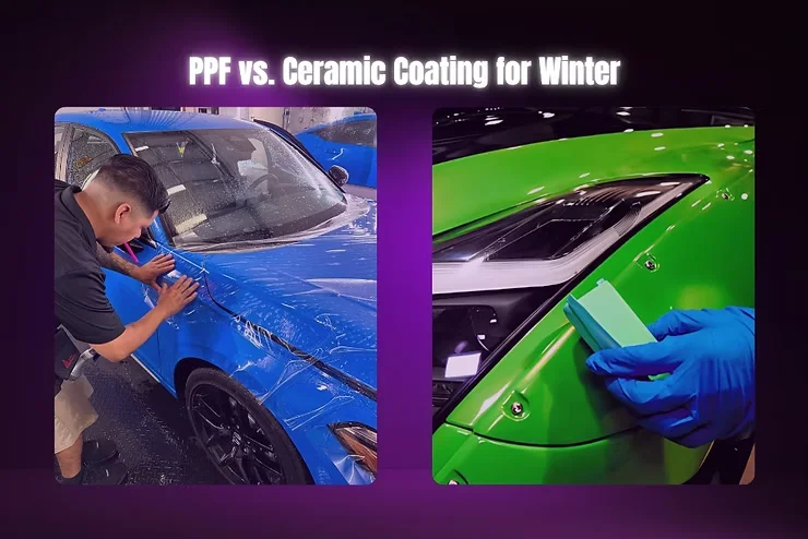 Side-by-side view showing PPF being applied to a blue car and ceramic coating being applied to a green vehicle, highlighting the difference in protection methods for winter driving.