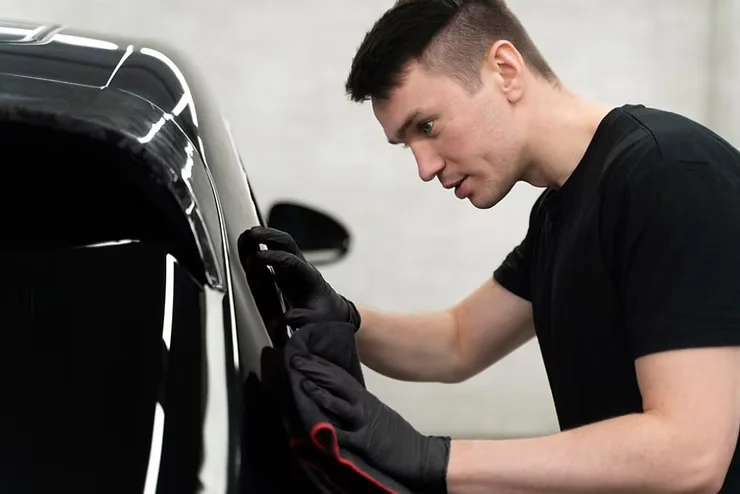 Technician closely inspecting a vehicle's paint protection film (PPF) for signs of bubbling or damage, emphasizing the importance of regular checkups.