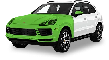 SUV illustration showing Full Front paint protection coverage in green, including hood, fenders, bumper, mirrors, and headlights