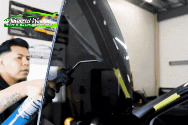 Technician applying UV-blocking window tint to vehicle door at Advanced Window Tinting & PPF in Tacoma