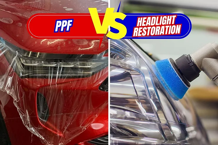 Split image comparing PPF application on a red vehicle headlight (left) with headlight restoration using a polishing tool on a clear lens (right), illustrating how PPF provides long-term protection while restoration offers temporary clarity.