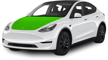 Tesla with green vinyl wrap applied to hood and trim areas for chrome delete.