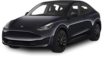 Matte black Tesla with accent vinyl wrap on mirrors, roof, and trim.