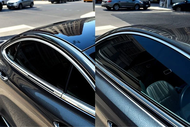 Side-by-side comparison of two car windows showing different tint levels — one with very dark 5% tint for maximum privacy, and the other with a lighter legal tint — illustrating how tint darkness impacts visibility and legal compliance in Washington State.
