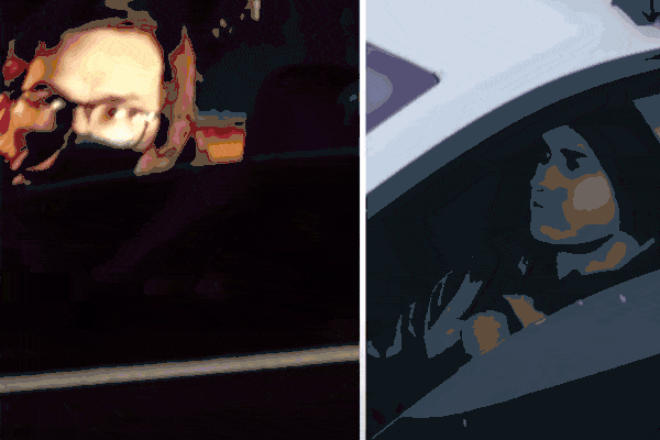 Side-by-side close-up comparison showing a person barely visible through a dark tinted car window on the left and clearly visible through a lighter tinted window on the right, illustrating the difference in privacy levels based on window tint darkness.