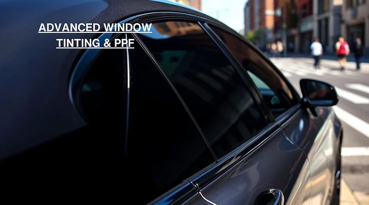 Close-up of a sleek black car with professionally tinted windows reflecting city buildings, showcasing advanced window tinting services in Tacoma, Washington. The text “Advanced Window Tinting & PPF” is overlaid on the image.