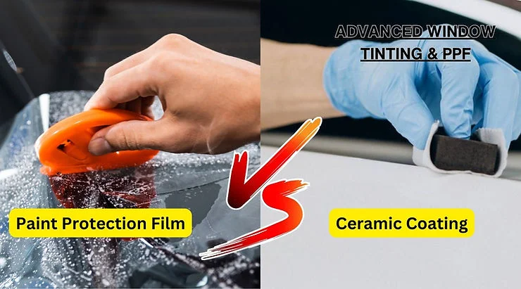 Side-by-side comparison showing Paint Protection Film (PPF) on the left and Ceramic Coating on the right, highlighting their differences for vehicle protection