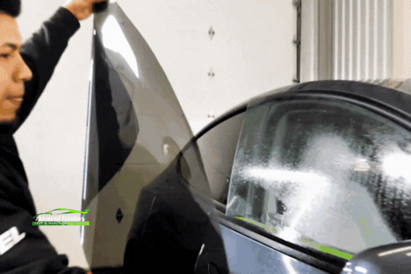 Technician installing window tint on a vehicle at Advanced Window Tint & Paint Protection in Tacoma, WA