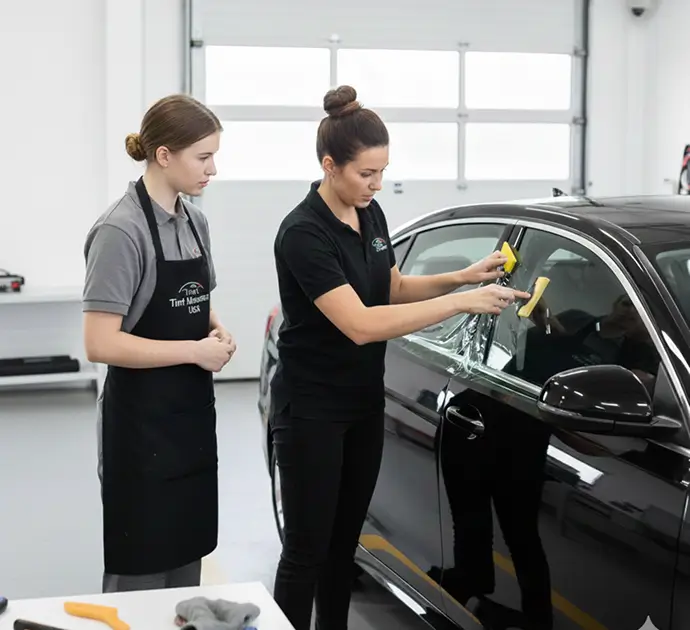 Instructor demonstrating window tint installation to a student on a real vehicle during hands-on training in a professional shop.