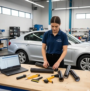 Woman in a training facility preparing for a window tint installation as part of a business startup course.