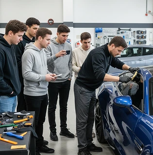 Group of automotive enthusiasts observing a window tint demonstration on a blue car during a hands-on workshop.