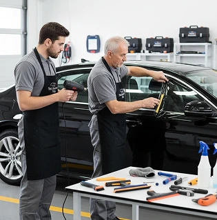 Two professional installers working together on a car window during an advanced window tint training session.