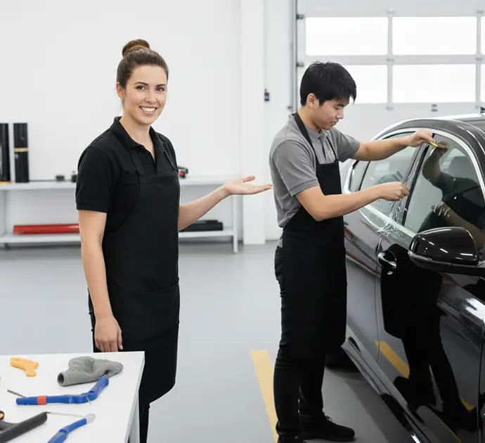 Smiling instructor standing beside a student applying tint to a car window in a professional training facility.