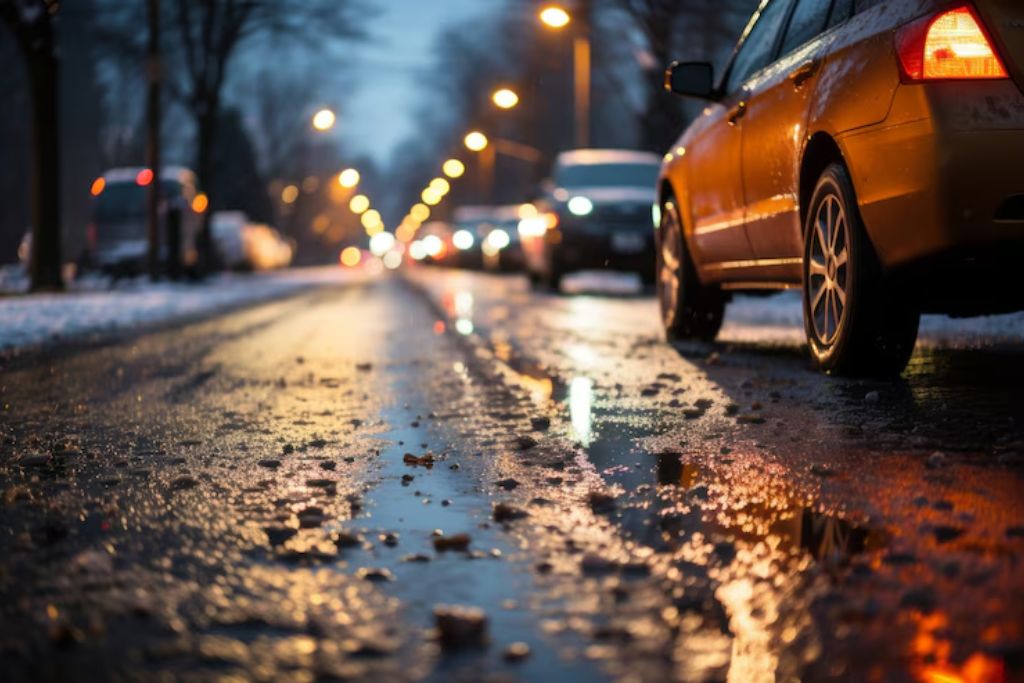 Close-up of a wet, slushy road in Tacoma during winter, with scattered gravel and road salt reflecting streetlights, as cars drive past in evening traffic. The image emphasizes the harsh road conditions that make paint protection film especially valuable.