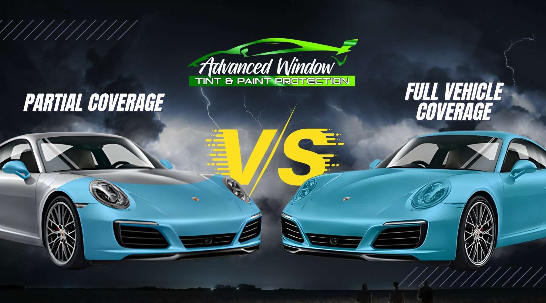 Side-by-side comparison of a silver and blue sports car with partial paint protection film on the left and a fully wrapped blue sports car on the right. The text above reads “Partial Coverage” vs “Full Vehicle Coverage” under the Advanced Window Tint & Paint Protection logo, highlighting the difference in paint protection film options.