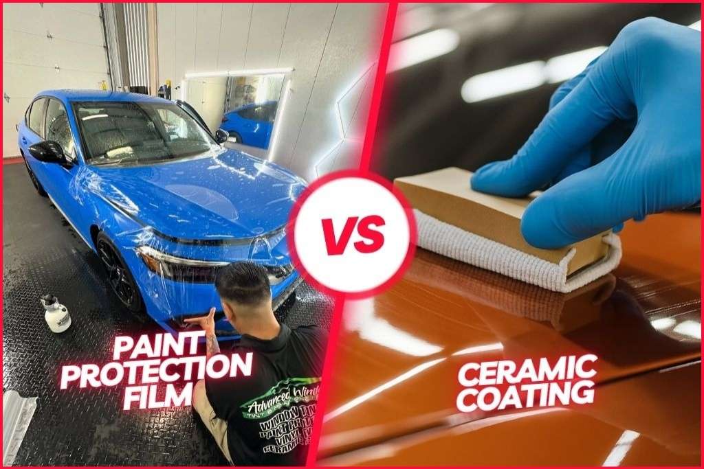 Split image comparing paint protection film and ceramic coating. On the left, a technician installs PPF on a bright blue car, while on the right, a gloved hand applies ceramic coating to a shiny orange vehicle panel using an applicator pad. A bold “VS” graphic separates the two options.