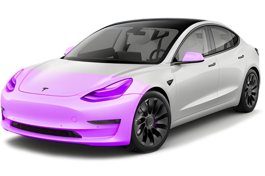 White Tesla Model 3 with highlighted areas in purple showing partial paint protection film coverage on the front bumper, hood, fenders, headlights, and side mirrors. This visual represents a typical front-end PPF package focused on protecting high-impact zones.