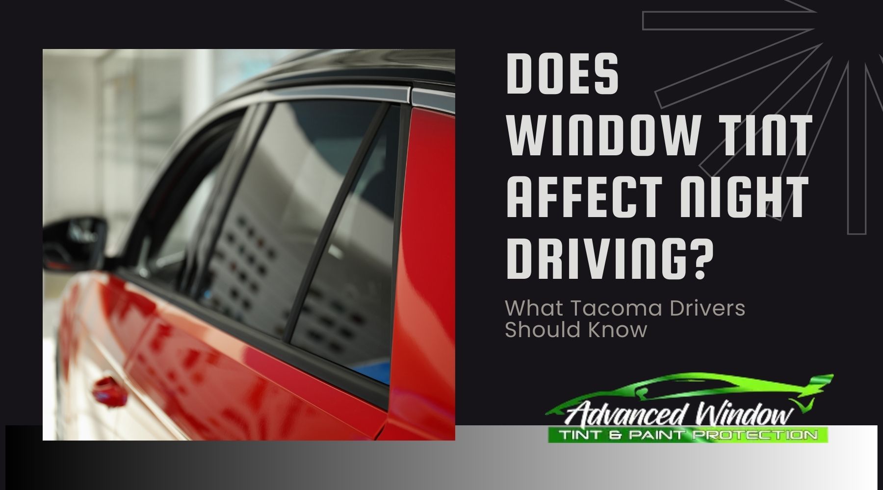 Red car with dark window tint highlighting rear passenger window, promoting night driving visibility for Tacoma drivers.