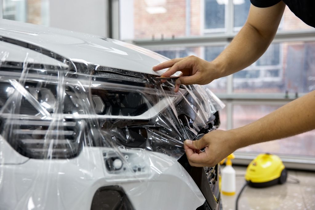 Technician installing paint protection film on the front bumper and grille area of a white SUV in a detailing shop.