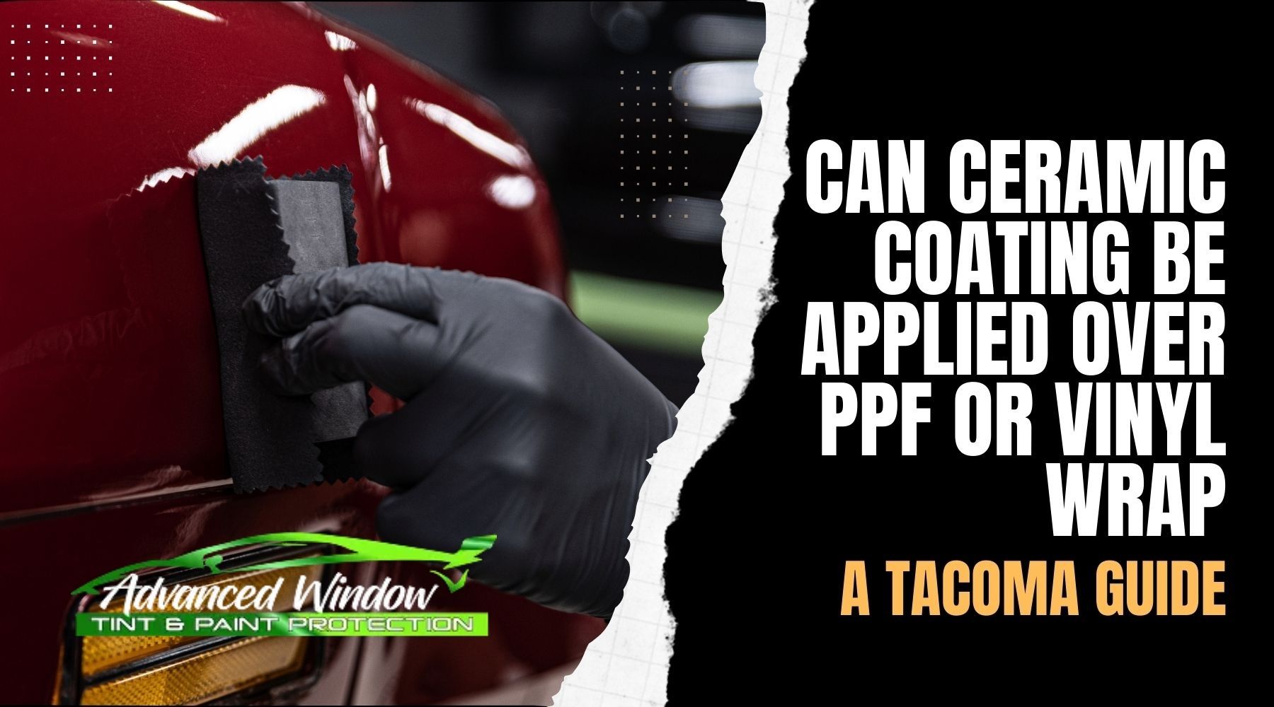 Technician applying ceramic coating to a red vehicle panel using a microfiber applicator at Advanced Window Tint & Paint Protection in Tacoma.