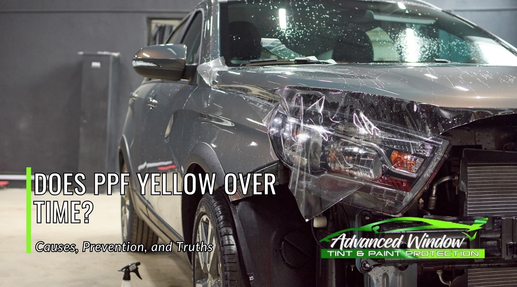 Technician installing clear paint protection film on a car headlight and hood to prevent damage and PPF yellowing.