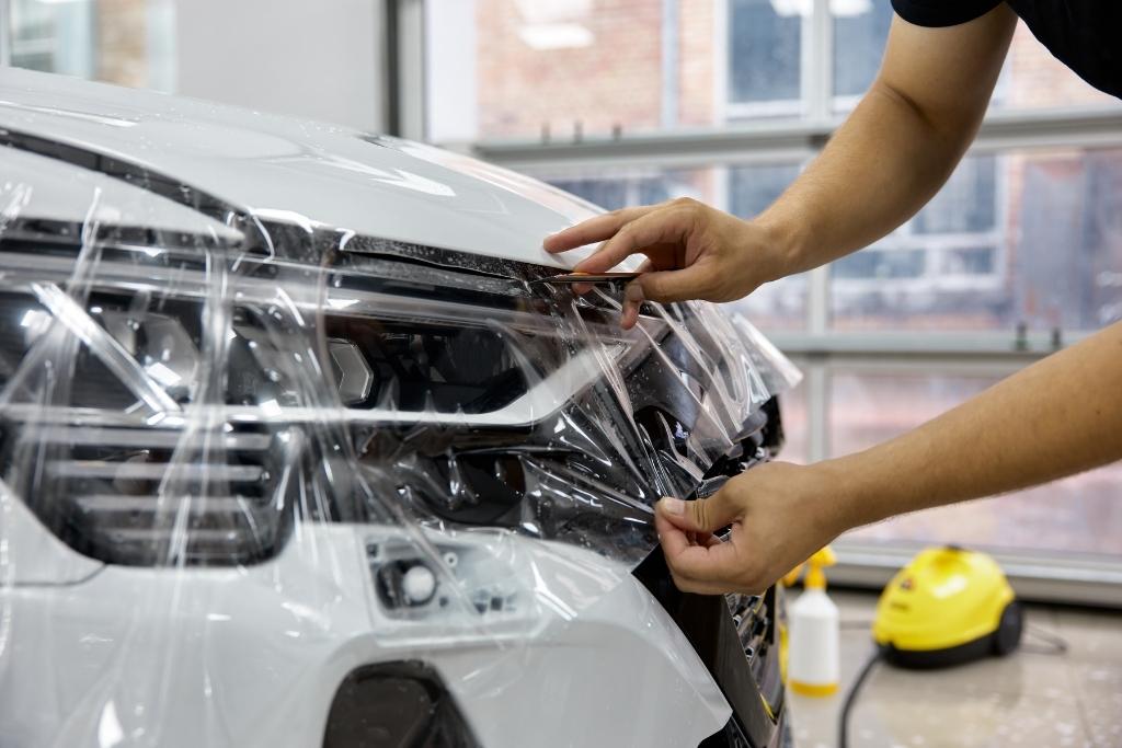 Technician applying paint protection film to a white car headlight and front bumper to prevent scratches and PPF yellowing.