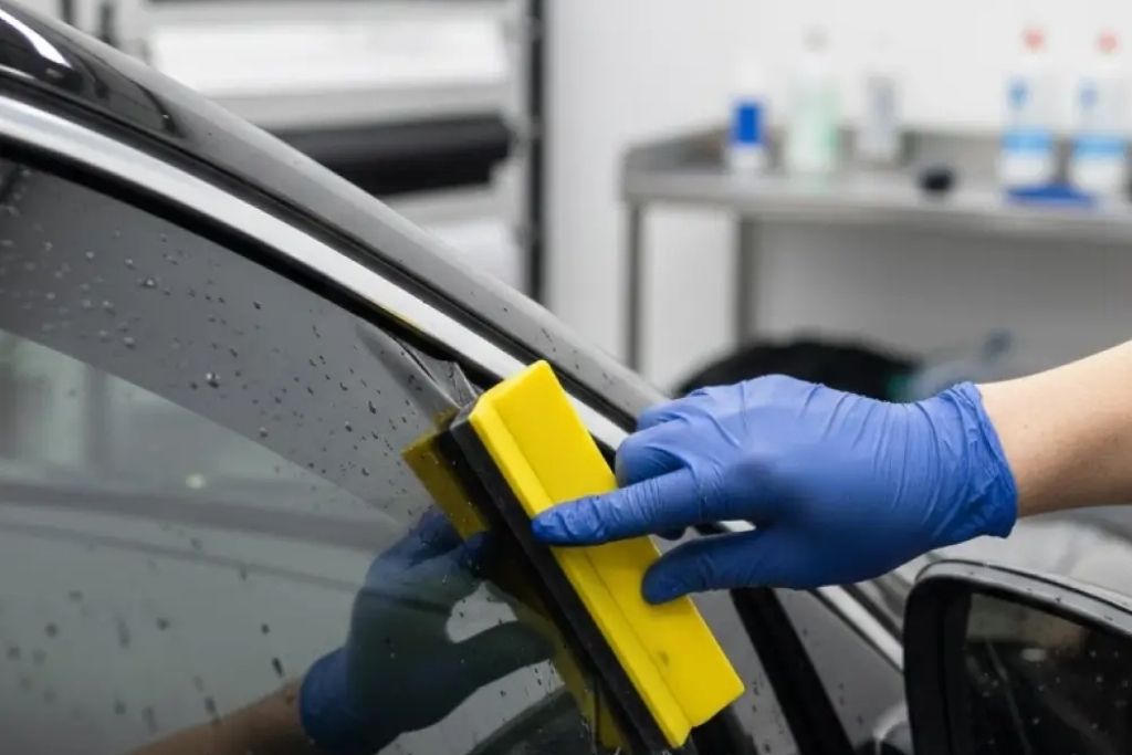 Technician using a squeegee to apply window tint film to a car side window during professional installation