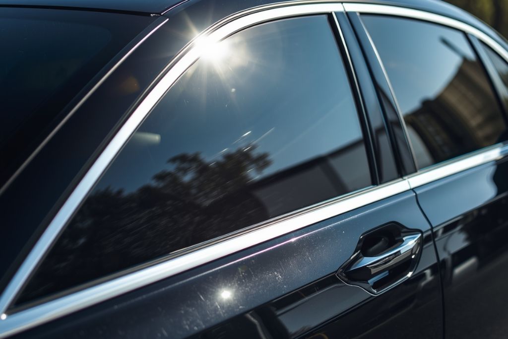 Tinted car windows reflecting sunlight, showing professional automotive window tint for heat reduction, glare control, and privacy.