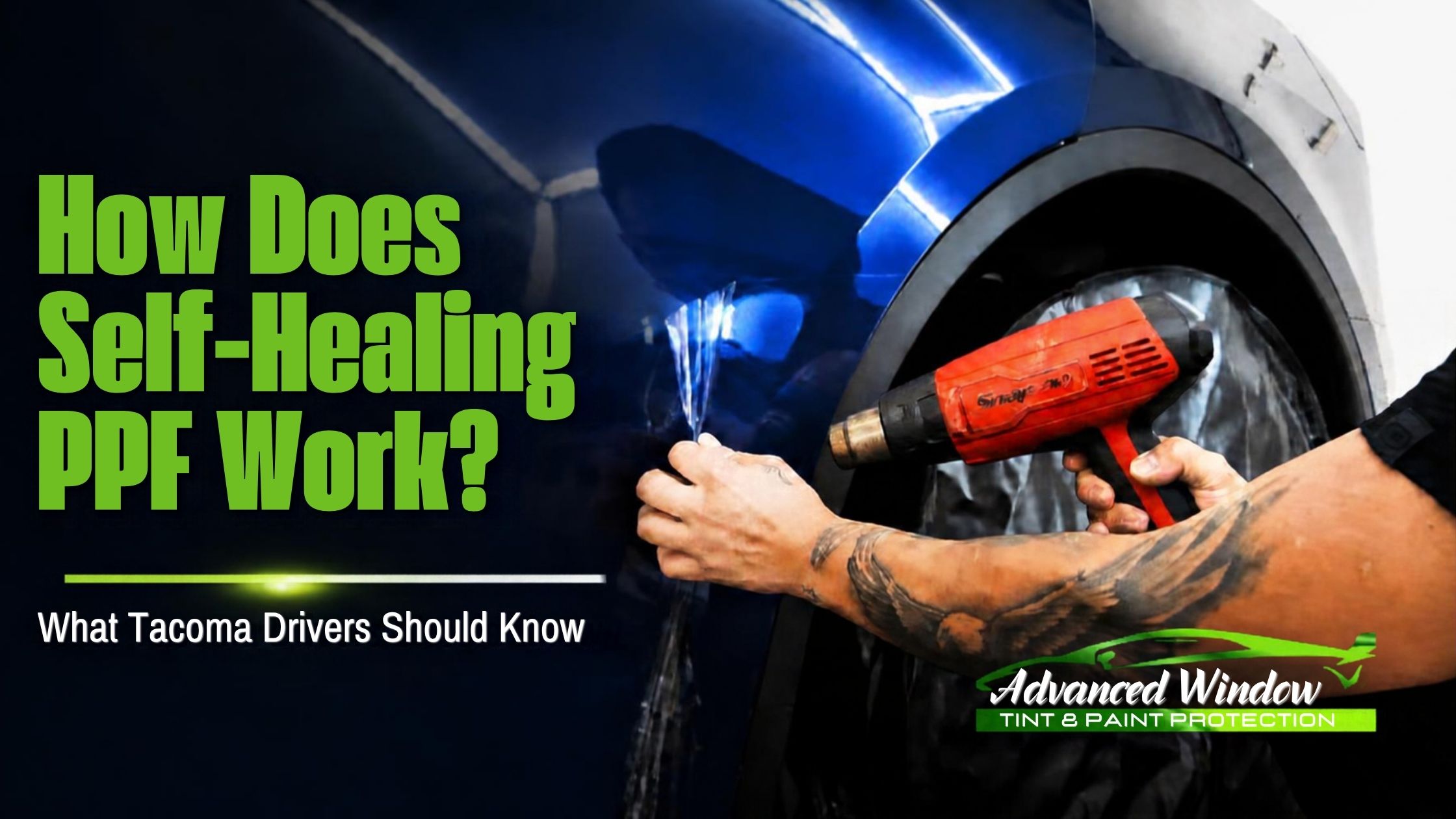 Technician applying heat to self-healing PPF on a blue vehicle to demonstrate how minor scratches and surface marks can recover.